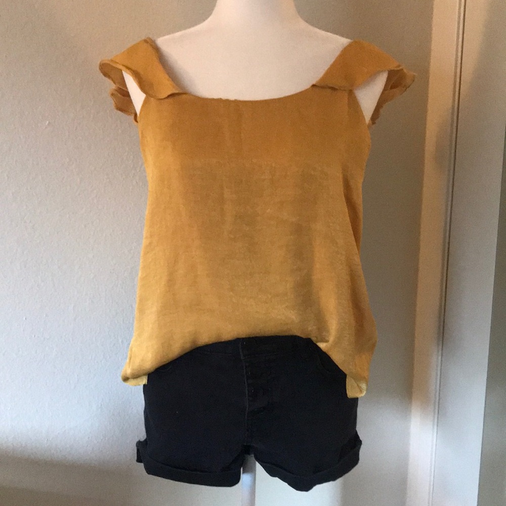 Gold off the shoulder ruffle open back blouse